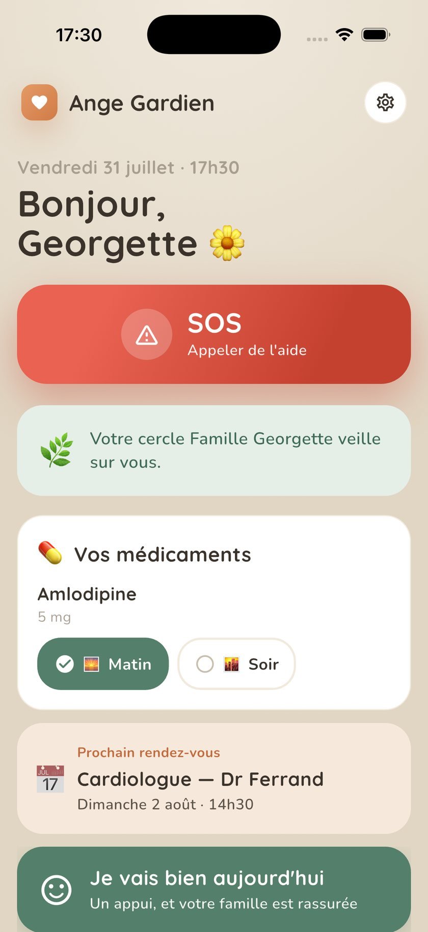 L'accueil du proche veillé : une salutation, le bouton SOS en haut, puis « Je vais bien aujourd'hui », « Écrire à ma famille » et « Nos photos ».